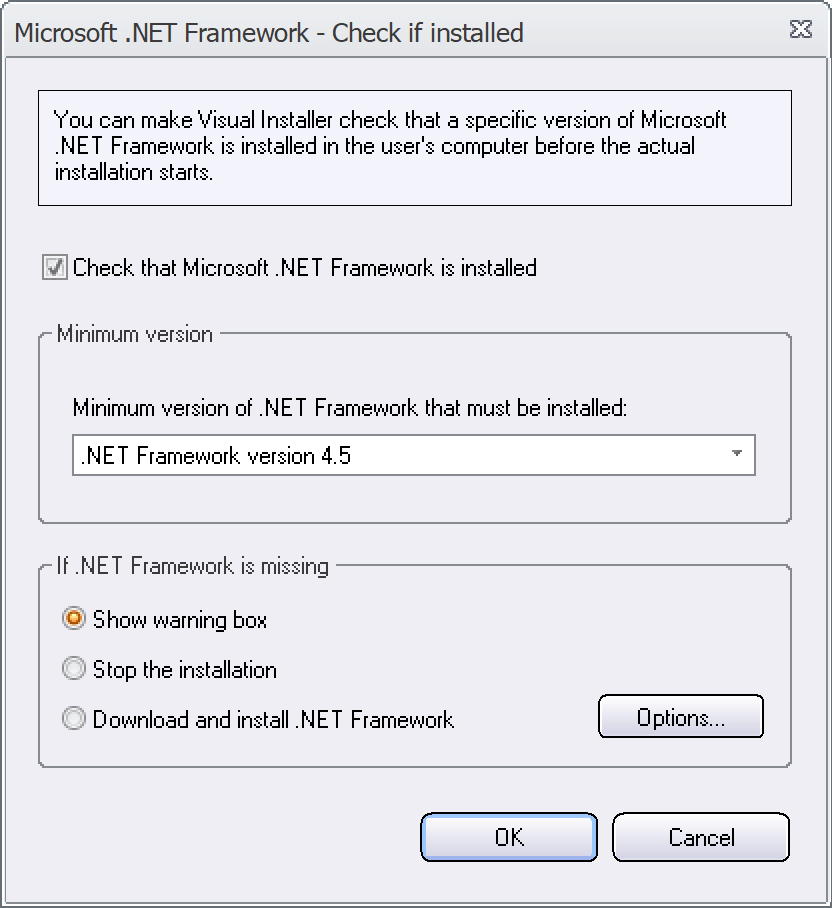 The 'Microsoft .NET Framework - Check if installed' dialog box