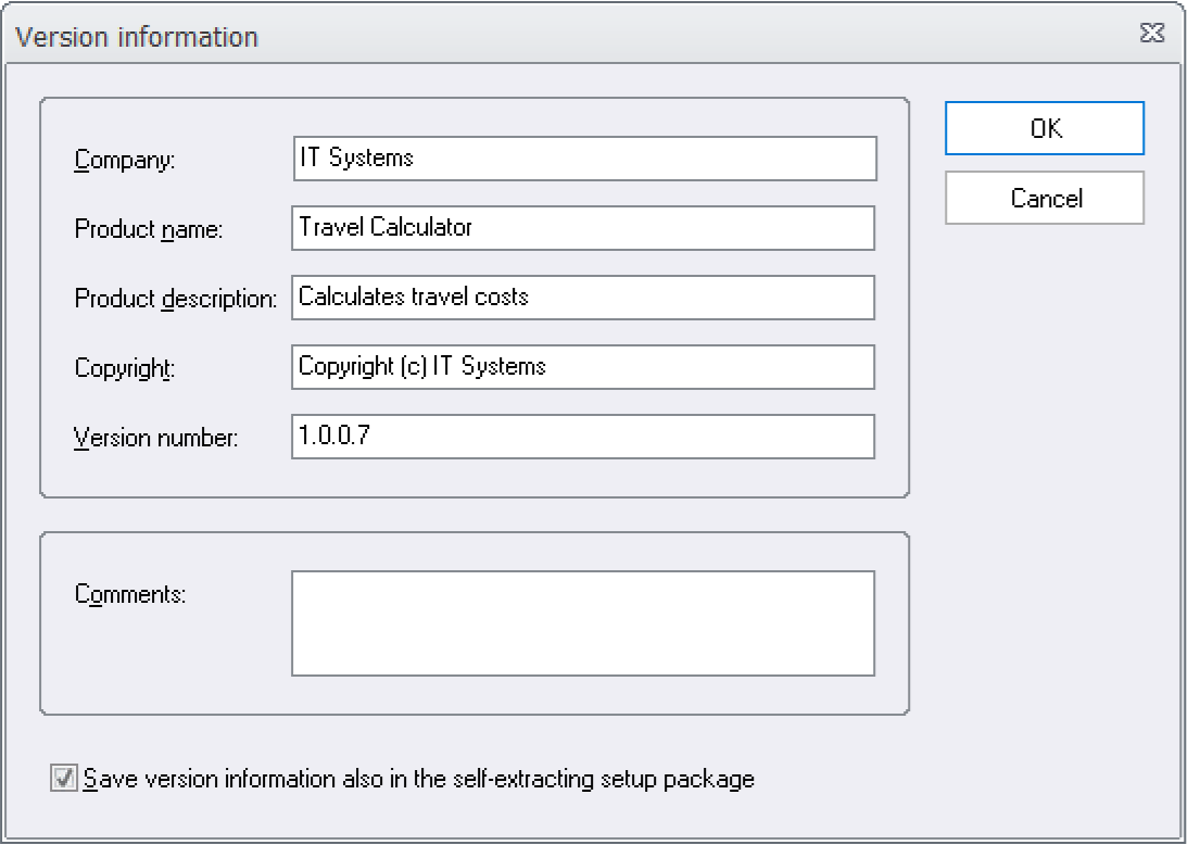 The 'Version information' dialog box in Visual Installer