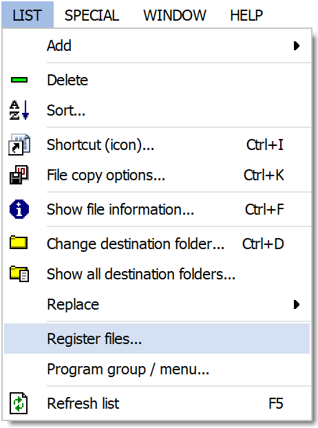 The 'List' menu and 'Register files' menu item