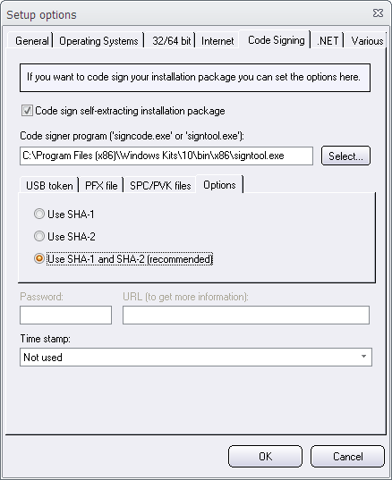 Setup options - Code Signing - SHA1 / SHA2