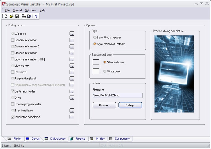 The 'Dialog boxes' tab in Visual Installer - with another dialog box picture